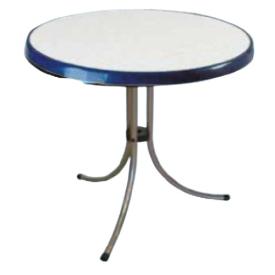 Bord 85 cm. Ø Nistret  Hvid plade med Blå slagfast PL. kant, med 3 Hammerslået J-ben i stål ”Mecalit” DEMO